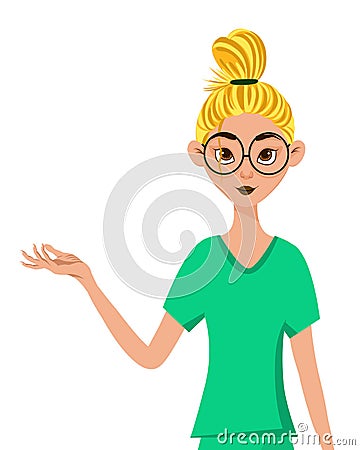 Set of female characters. Woman doctor points to the right hand to the side. Vector illustration Cartoon Illustration