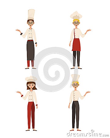 Set of female characters. Womans cook points to the hand to the side. Vector illustration Cartoon Illustration