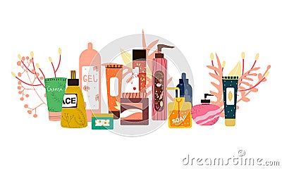 A set of female cosmetics: bottles, jars, shampoos, gels and creams for care Vector Illustration