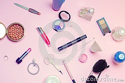 A set of female cosmetics, fashion, style, accessories, glamor, elegance. top view flat lay Stock Photo