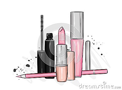 A set of female cosmetics - lipstick, lip gloss, pencil, mascara. Fashion and style, vector illustration. Cosmetics and makeup. Vector Illustration