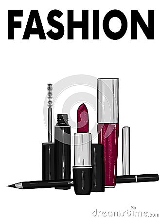 A set of female cosmetics - lipstick, lip gloss, pencil, mascara. Fashion and style, vector illustration. Cosmetics and makeup. Vector Illustration