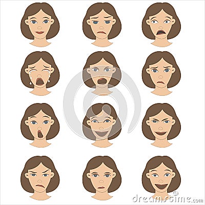 A set of female emotions on face character design cartoon brown-haired hair and a variety of expressions. Vector Illustration