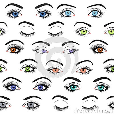 Set of female eyes and brows seamless vector pattern Vector Illustration