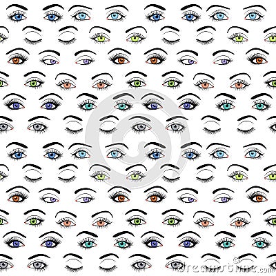 Set of female eyes and brows seamless vector pattern Vector Illustration