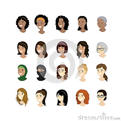 Set female faces,different nation and races, Vector Illustration