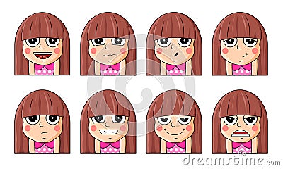 Set of female facial emotions. Cute girl emoji character with different expressions. Vector Illustration