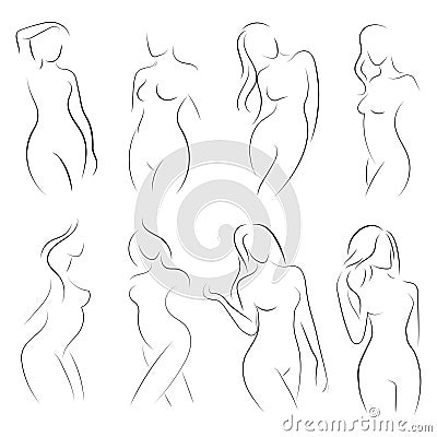 Set of female figures. Collection of outlines of young girls. Stylized slender body. Linear Art. Black and white vector Vector Illustration