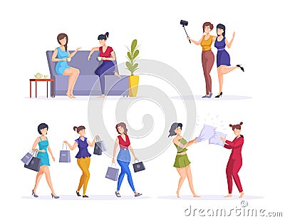 Set of female friends spending time together. Happy people having friendly meeting vector flat Vector Illustration