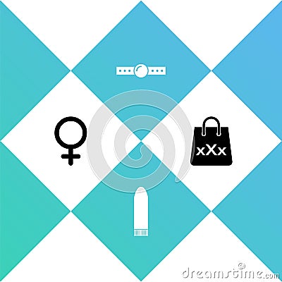 Set Female gender symbol, Dildo vibrator, Silicone ball gag and Shopping bag with triple X icon. Vector Vector Illustration