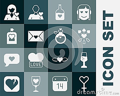 Set Female gender symbol, Glass of champagne, Amour with heart and arrow, Bottle love potion, Envelope Valentine Stock Photo