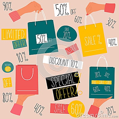 Set with Female hands hold shopping bag for sale. Discount labels with various percents Vector Illustration