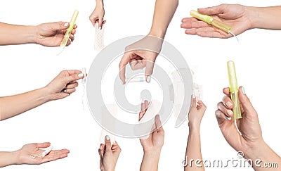 Set of female hands holding care objects - pads and tampon sisolated on white background - Image Stock Photo