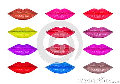 Set of female lips with different lipstic colors Stock Photo