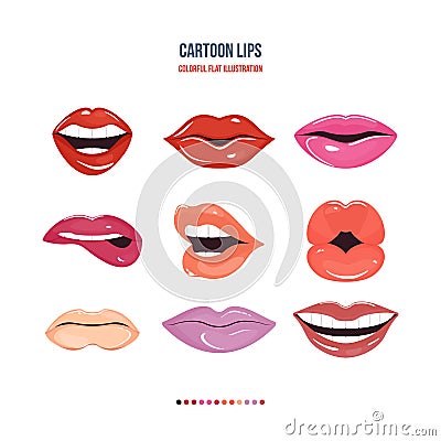 Set female lips with a variety of emotions, facial expressions. Vector Illustration