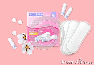 Set of female menstrual cycle hygiene products. Sanitary napkin, tampons, pills. Flower decoration Stock Photo