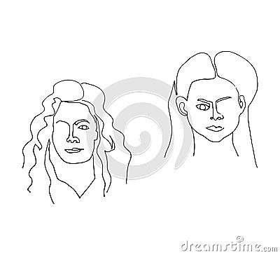 Set with female portraits. Modern poster with linear woman faces. Continuous line art. One line drawing. Vector Illustration