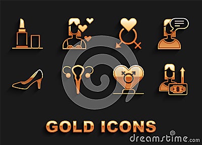 Set Female reproductive system, opinion, Money growth woman, Gender, Woman shoe, Lipstick and Love yourself icon. Vector Vector Illustration