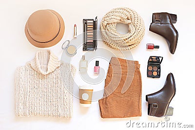 Set of female stylish clothes and accessories on white background flat lay, top view Stock Photo