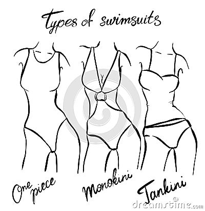 Set of female swimsuit illustration. Various types of women beach clothes. Cartoon Illustration