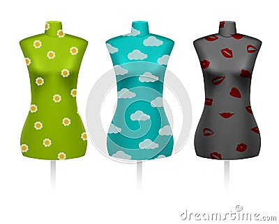 Set of female vintage dressmakers tailors dummy mannequins Vector Illustration