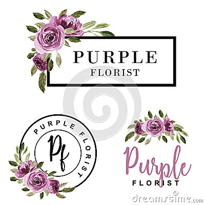 Set of feminine logo watercolor flower purple Vector Illustration