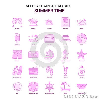 Set of 25 Feminish Summer Time Flat Color Pink Icon set Vector Illustration