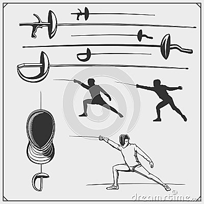 Set of fencing sport emblems with fencer in helmet. Swordsman Equipment. Vector Illustration