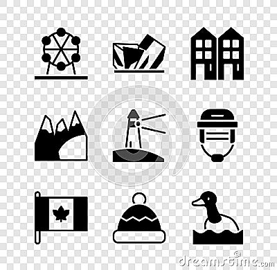 Set Ferris wheel, Royal Ontario museum, House, Flag of Canada, Beanie hat, Flying duck, Mountains and Lighthouse icon Vector Illustration