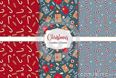 Set of festive christmass seamless patterns with Christmas gifts, candies and Christmas decorations Vector Illustration