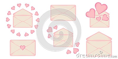 Set of festive cute romantic vintage envelopes decorated with hearts Vector Illustration