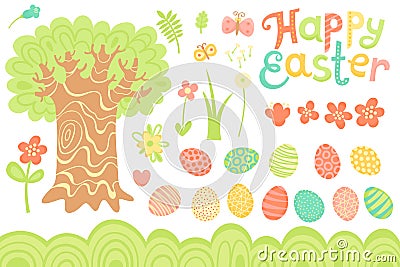 Set of Festive Decorations for Happy Easter. Congratulatory inscription, painted eggs, large tree, flowers and other Vector Illustration