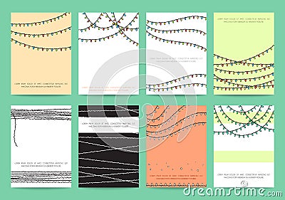 Set 8 festive ready designs with garland on color background Vector Illustration