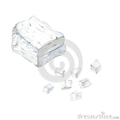 Set of feta cheese block and small cubes. Watercolor illustration isolated on white Cartoon Illustration