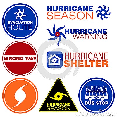 Set of few colorful hurricane warning signs and symbols Vector Illustration