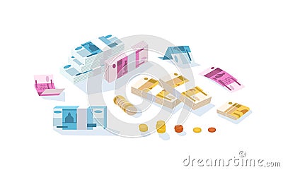 Set of fiat money or Russian rouble currency. Bundle of Ruble bills or banknotes in stacks and rolls and kopek coins Vector Illustration