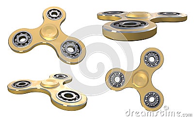 Set fidget spinner stress relieving toy gold on white backgrond. 3d illustration Cartoon Illustration
