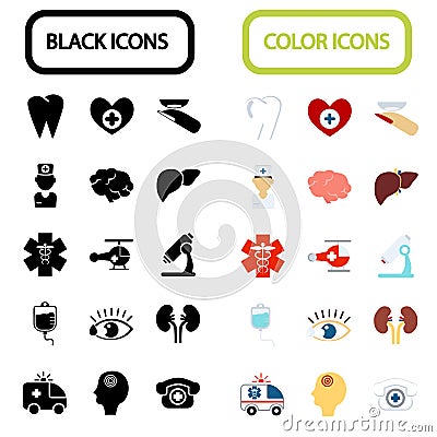 Set of fifteen black and color medicine icons Stock Photo