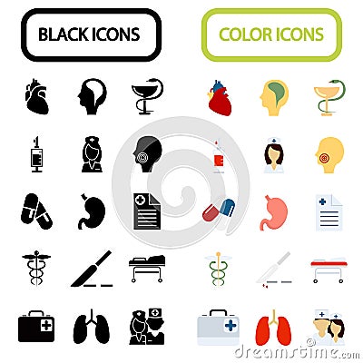 Set of fifteen black and color medicine icons Vector Illustration