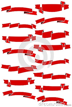 Set of fifteen red cartoon ribbons and banners for web design. Great design element isolated on white background. Vector Illustration