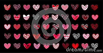 set of fifty textured hearts in white, pink and red colors isolated on the black. Vector illustration Vector Illustration