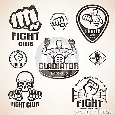 Set of fighting club emblems, MMA, boxing Vector Illustration