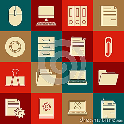 Set File document and paper clip, Document folder, Paper, Office folders with papers documents, Drawer, Scotch, Computer Vector Illustration