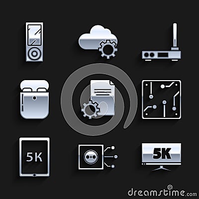 Set File document, Remote control, Monitor display with 5k video, Processor, Tablet text, Air headphones in box, Router Stock Photo