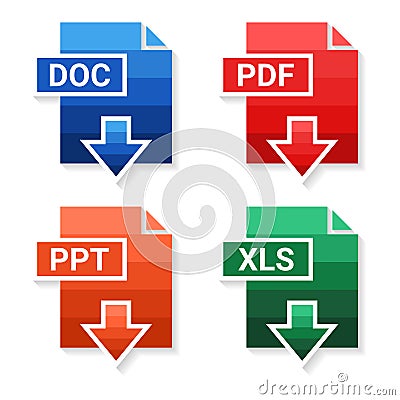 Set of file type. Format and extension of documents. PDF, DOC, PPT and XLS. File download. Vector Illustration