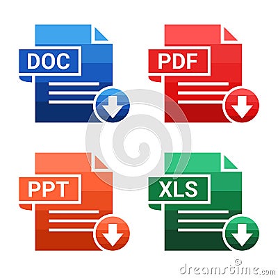 Set of of file type. Format and extension of documents. PDF, DOC, PPT and XLS. File download. Vector Illustration