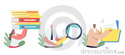 Set Files Organization, Document Management. Business Characters with Folders, Magnifying Glass and Paper Docs, Archive Vector Illustration