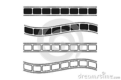 Set of film reel in black and white. Straight and wavy cinema strip. Isolated retro photo tape. Vintage template of digital video Vector Illustration