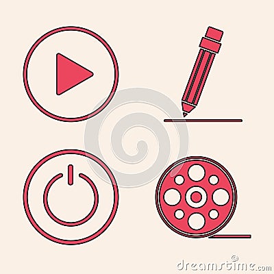 Set Film reel, Play in circle, Pencil with eraser and Power button icon. Vector Vector Illustration