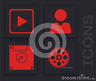 Set Film reel, Play in square, Add to friend and Floppy disk for computer data storage icon Stock Photo